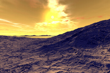 Alien Planet. Mountain and lake. 3D rendering