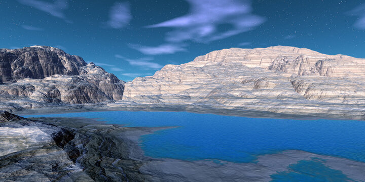 Alien Planet. Mountain and lake. 3D rendering