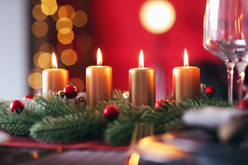 Beautiful table setting with Christmas decorations in living room