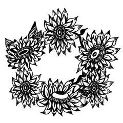 Wreath of black and white sunflower flowers round frame