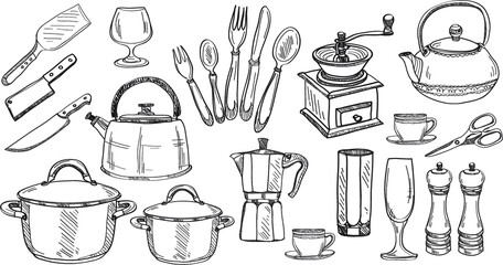Set of cute hand drawn kitchen tools. Doodles collection. Vector