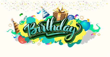 Happy Birthday celebration typography design for greeting card for greeting cards and poster with balloon, confetti and gift box, with geometric background, design template for birthday celebration.