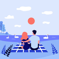Happy couple sitting near lake on sunset. Water, date, swan flat vector illustration. Relationship and love concept for banner, website design or landing web page