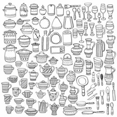Big set of 98 cute hand drawn ornate kitchen tools including different versions of casseroles, teapots, cups, glasses, cutting boards, pans, pots, and others. Doodles outline collection. Vector