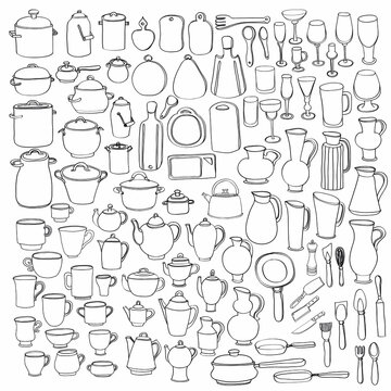 Big set of 98 cute hand drawn kitchen tools including different versions of casseroles, teapots, cups, glasses, cutting boards, pans, pots, and others. Doodles outline collection. Vector