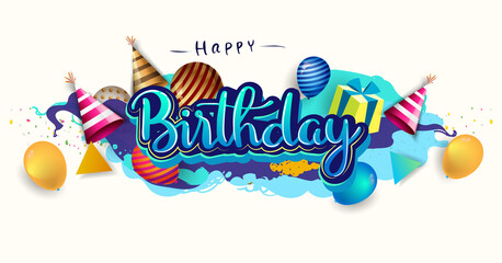 Happy Birthday celebration typography design for greeting card for greeting cards and poster with balloon, confetti and gift box, with geometric background, design template for birthday celebration.