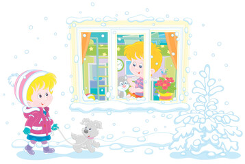 Cheerful little girl walking with a grey puppy on a snowy winter day, a little boy playing with a small kitten and looking through a window of his room, vector cartoon illustration