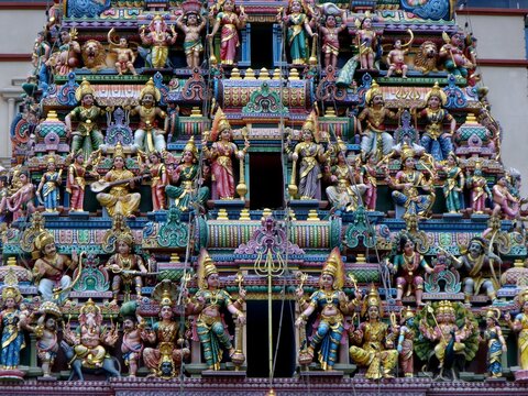 Singapore, March 3, 2016: Figures on the dome of a Hindu Temple dedicated to Mariamman in Singapore