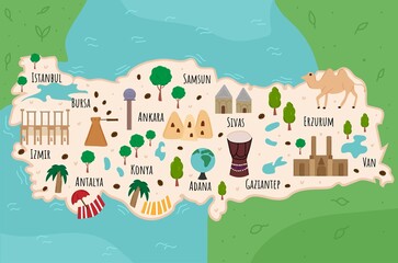 Cartoon map of Turkey. Travel illustration with turkish landmarks, buildings, food and plants. Funny tourist infographics. National symbols. Famous attractions. Vector illustration.