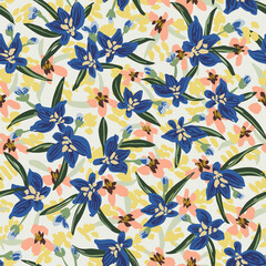 Lobelia flowerbed seamless vector pattern. Beautiful meadow of little flowers in blue, green, peach and yellow on white background. Great for home décor, fabric, wallpaper, stationery, design projects