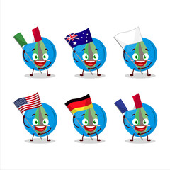 Blue marbles cartoon character bring the flags of various countries