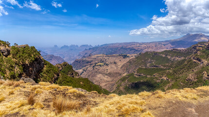 View of ethiopian beautiful Semien or Simien Mountains National Park landscape in Northern Ethiopia. Africa wilderness, Sunny day and blue sky