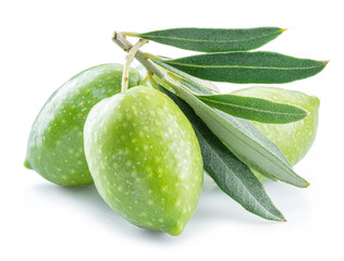 Green natural olives with leaves isolated on a white background.