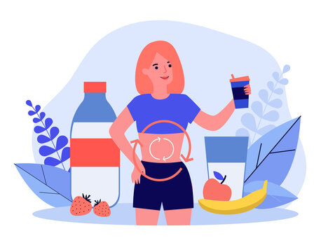 Happy Woman Drinking Milk And Eating Fruits. Health, Food, Glass Flat Vector Illustration. Digestive System And Nutrition Concept For Banner, Website Design Or Landing Web Page