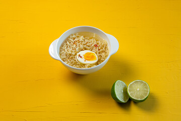 Egg noodles on yellow background with lime