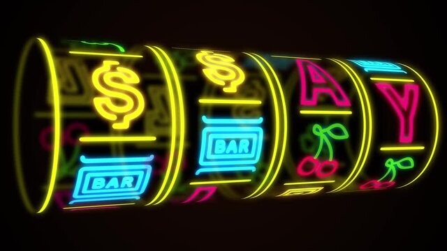 Neon casino slot machine spinning, money flying after win combination. Play title