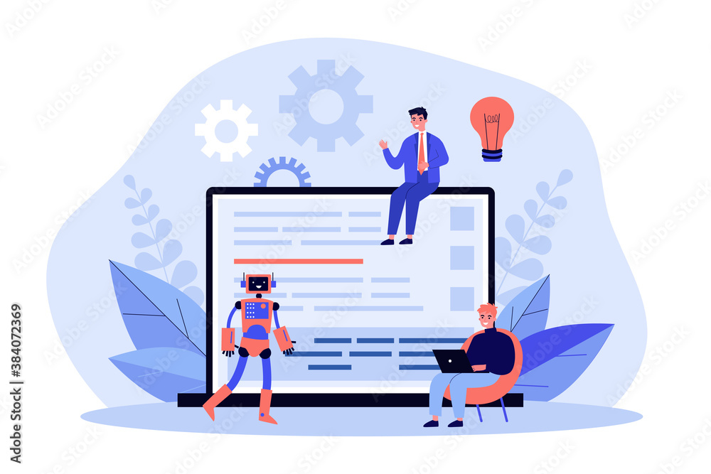 Fototapete tiny men and robot near laptop computer with code. idea, bulb, project flat vector illustration. dev