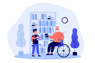 Grandpa in wheelchair and boy holding books. Library, bookshelf, home flat vector illustration. Education and study concept for banner, website design or landing web page