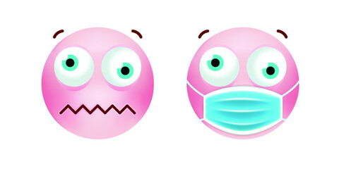 Cute Pink Emoticon with Cartoon Style with Medical Facial Mask on White Background . Isolated Vector Illustration 