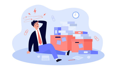 Tired frustrated office man working among piles of papers, stacks of documents and folders, suffering from headache. Flat vector illustration for bureaucracy, paperwork, overwork concept