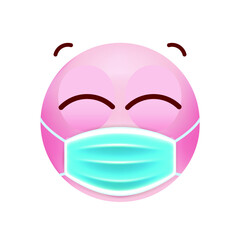 Cute Pink Emoticon with Cartoon Style with Medical Facial Mask on White Background . Isolated Vector Illustration 