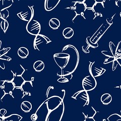 Seamless pattern with medical images on a blue background. For medical. Vector graphics.