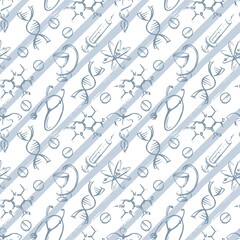 Seamless pattern with medical images and diagonal stripes. For medical. Vector graphics.