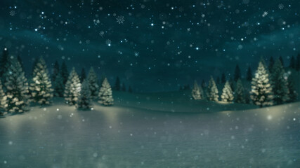 Snow covered winter forest at dark night. Defocused landscape scene. Winter holiday season 3D illustration background.	
