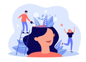 Happy girl having great mental health and positive mood. Tiny man watering flowers inside womans head. For psychology, genius, growth, development, intelligence concept - obrazy, fototapety, plakaty