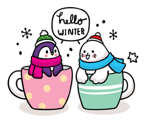 Hand draw  cartoon cute winter Penguin and Seal in cup coffee vector.