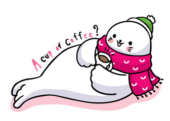 Hand draw cartoon cute seal drink coffee vctor.