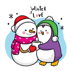 Fototapeta na wymiar Hand draw cartoon cute winter snowman hug penguin and cup coffee vector.
