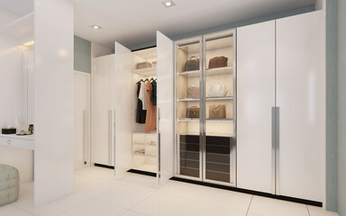 Modern style walk in closet.White wardrobe.3d rendering