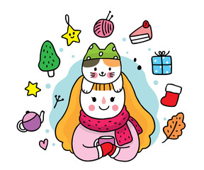 Hand draw cartoon cute winter girl and cat together vector.