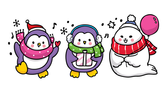 Hand draw cartoon cute penguins and seal Happiness vector.