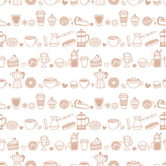 Vector seamless pattern with different coffee and dessert elements. Cute hand drawn design for wrapping paper, wallpaper, textile
