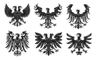 Vintage heraldic royal eagles flat badge set. Monochrome medieval retro heraldry design isolated on white background vector illustration collection. Armory and symbols concept
