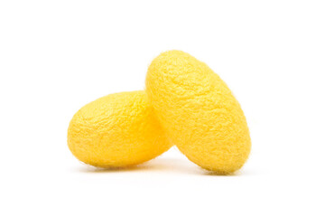 Close-up Yellow silkworm cocoons isolated on white background.