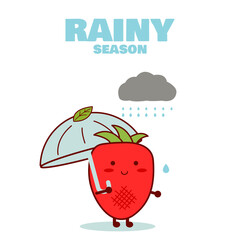 Rainy season. Cute strawberry style. Open an umbrella in a rainy day. Illustration vector.