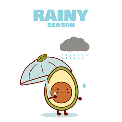 Rainy season. Cute avocado style. Open an umbrella in a rainy day. Illustration vector.