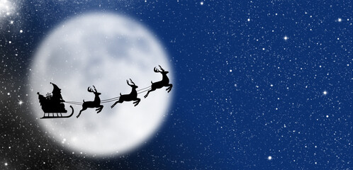 Christmas card with santa claus, reindeer, sleigh, gift and christmas tree on the background of the big moon in the night moonlight, stars and snow. Illustration. Baner.Copy space for text