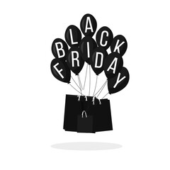 Web illustration with shopping elements about black friday day. Sale poster with black shiny balloons and paper bags on white background. Isolated vector icons for internet shop