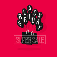 Web illustration with shopping elements about black friday day. Sale poster with back shiny balloons on pink background. Isolated vector icons for internet shop
