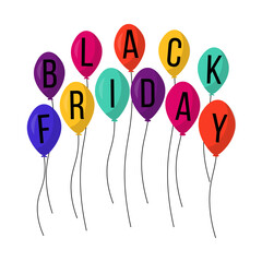 Web illustration with shopping elements about black friday day. Sale poster with shiny multicolor balloons on white background. Isolated vector icons for internet shop