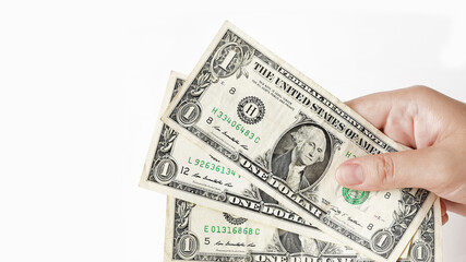 close up of banknote on hand isolated on white background