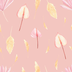Boho watercolor seamless pattern with dry leaves and flowers. Soft warm palette. Watercolor habd-drawn pampas grass, tropical exotic pattern. Perfect for textile, fabric, covers, wedding invitation. 