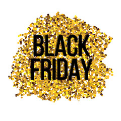 Text black friday on gold sparkles. Super sale banner with glitter brushstroke and black frame. Realistic festive gold background 
for creating clip art