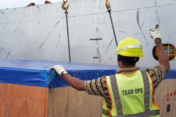 Port worker stevedore in cargo hold discharging boxes