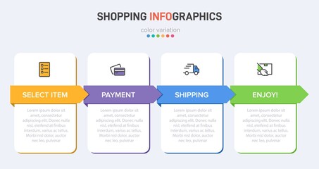 Concept of shopping process with 4 successive steps. Four colorful graphic elements. Timeline design for brochure, presentation, web site. Infographic design layout.