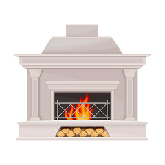 Stone Fireplace or Hearth with Mantelpiece and Burning Fire Vector Illustration